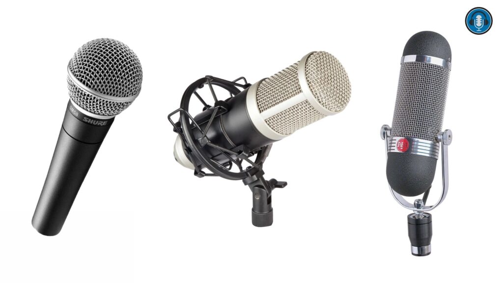 Tipos de micrófonos de voz: dinámico, de condensador y de cinta.